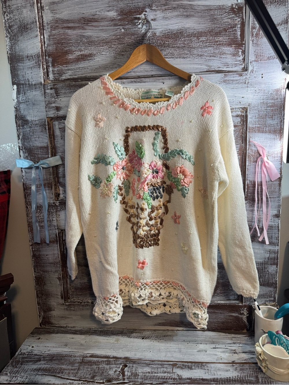 Vintage Emerald Isle Cream Sweater with Pink & Green Embroidered Floral Basket